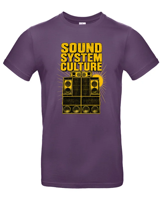 Sound System Culture T-shirt in Radiant Purple met geel-zwart soundsystemontwerp