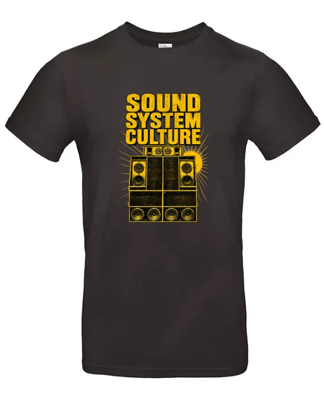 Sound System Culture T-shirt in Zwart met geel-zwart soundsystemontwerp