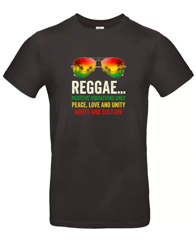 Zwart Sunglasses Reggae T-shirt met rood-geel-groene pilotenbril en positieve reggaeteksten