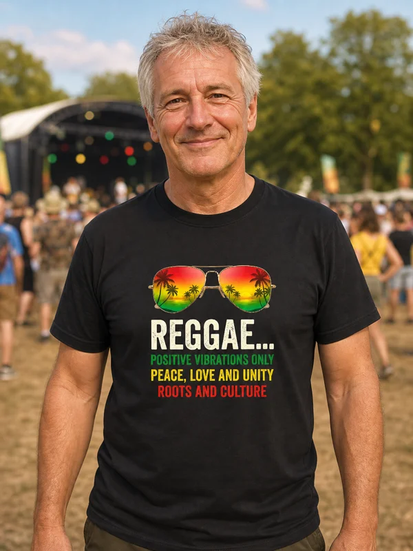 Zwart Sunglasses Reggae T-shirt met rood-geel-groene pilotenbril en positieve reggaeteksten gedragen door een man (50+) op een festivalterrein
