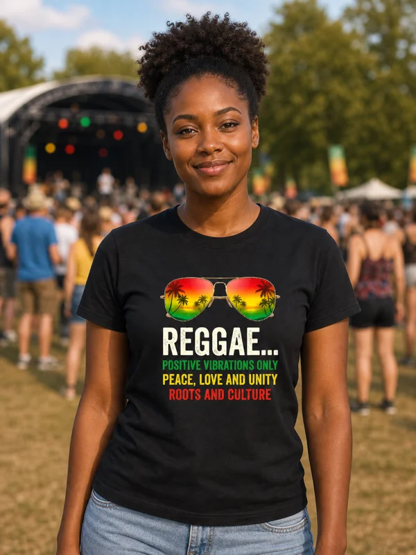Zwart Sunglasses Reggae T-shirt met rood-geel-groene pilotenbril en positieve reggaeteksten gedragen door een jonge vrouw op een festivalterrein