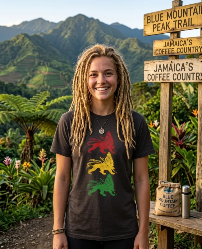 Jonge vrouw die een bezoek aan de Jamaicaanse Blue Mountains brengt draagt Three Lions of Judah T-shirt