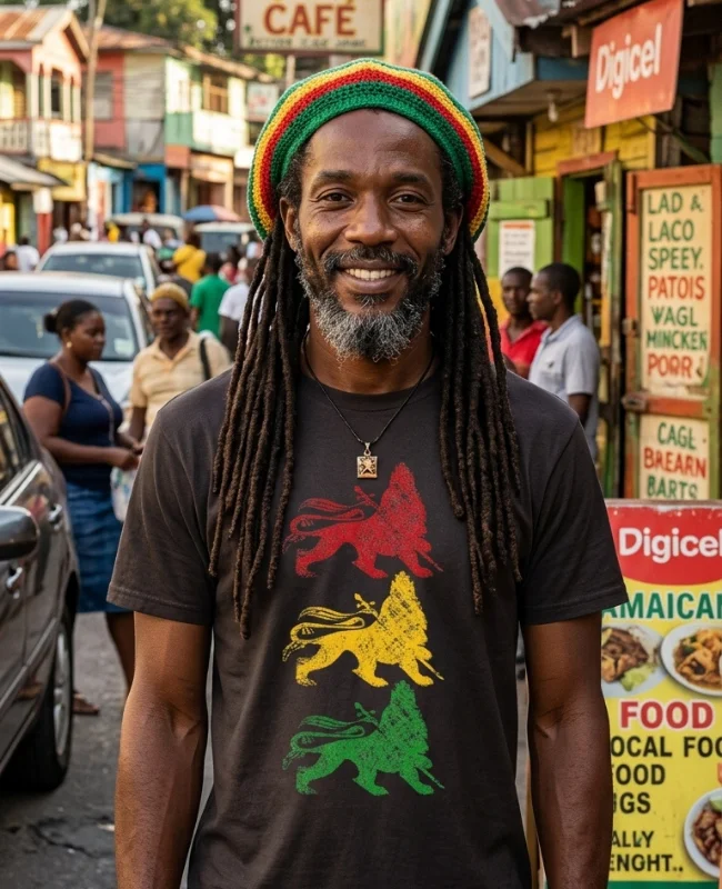Rastafarian in arbeidersbuurd in Kingston draagt Three Lions of Judah T-shirt