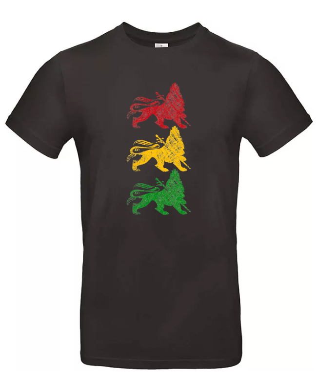 Zwart Three Lions of Judah T-shirt met drie verweerde leeuwen in rood geel en groen