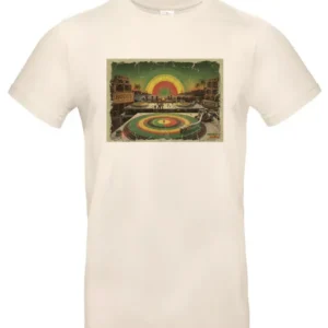 Natural Turntable Reggae Party T-shirt met vintage draaitafels speakerstacks en rood-geel-groene zon