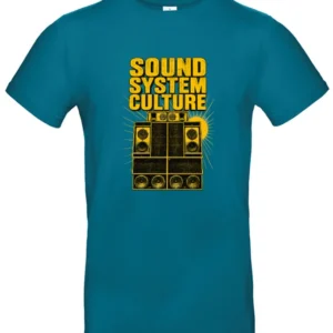 Sound System Culture T-shirt in Diva Blue met geel-zwart soundsystemontwerp