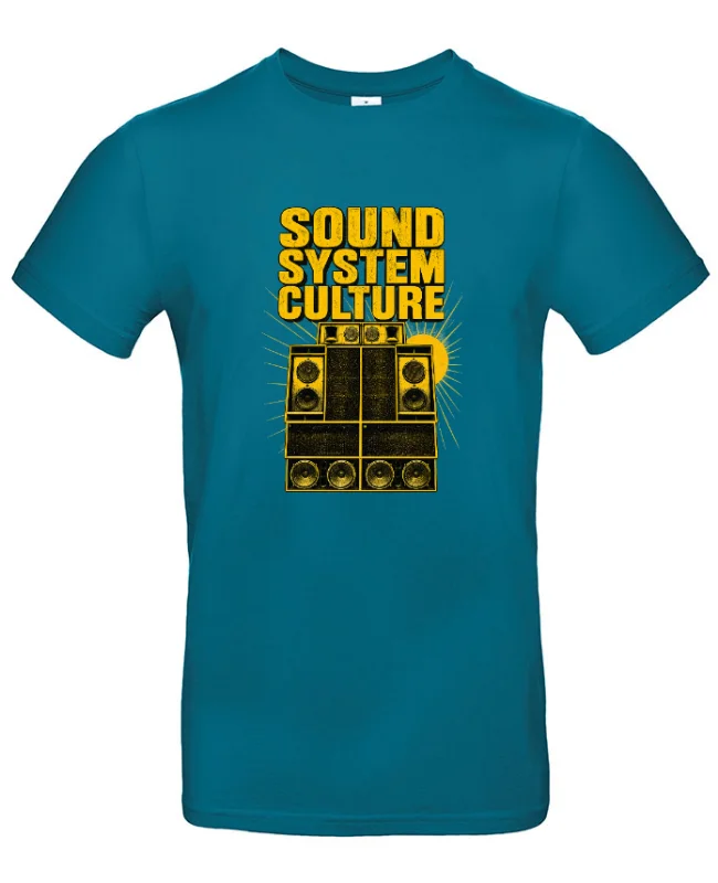 Sound System Culture T-shirt in Diva Blue met geel-zwart soundsystemontwerp